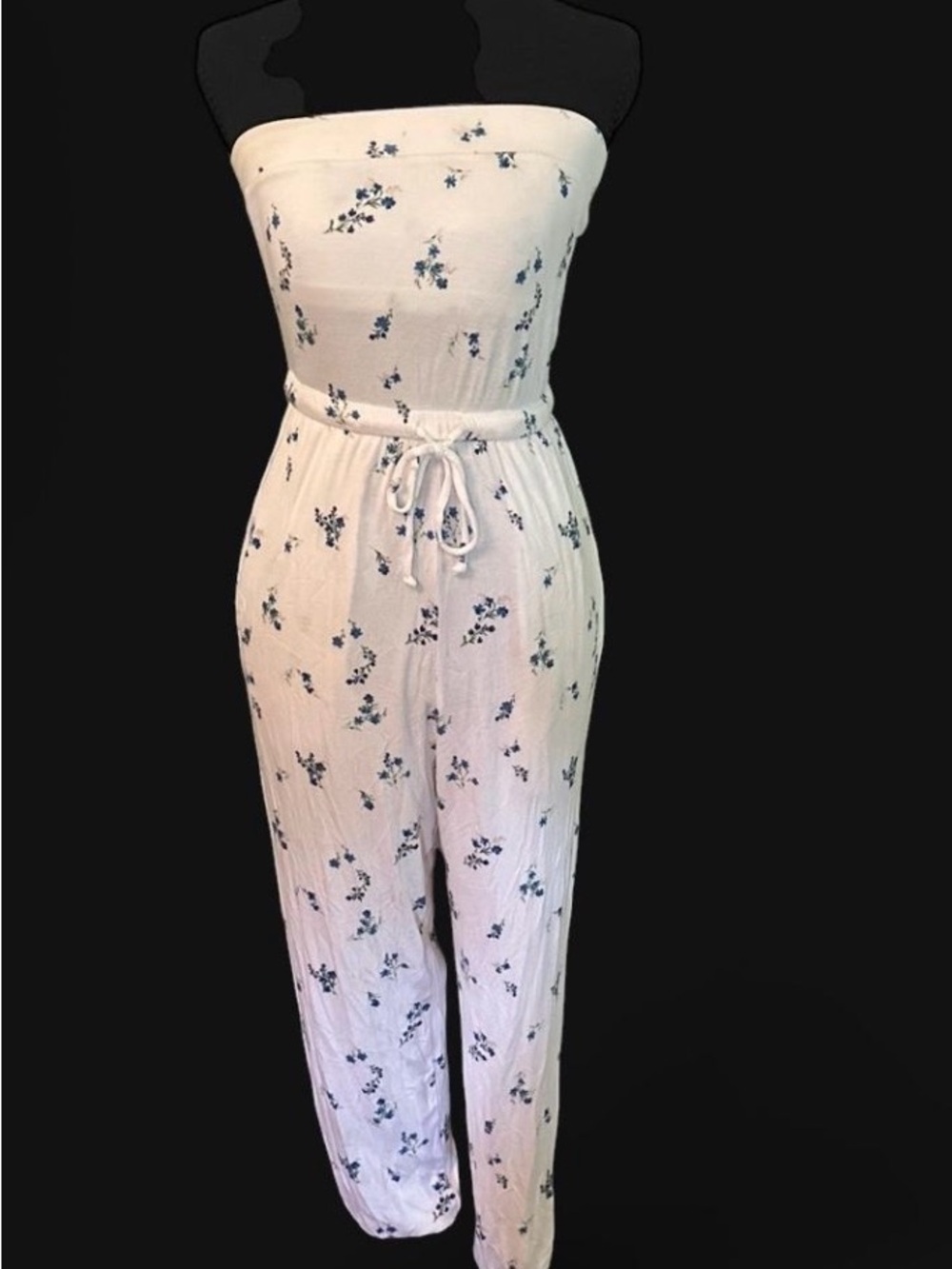 Spiritual Gangster White Strapless Floral Jumpsuit with Blue Print